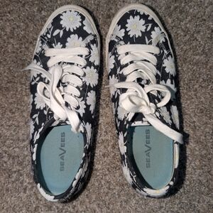 SeaVees Navy Canvas Daisy Sneakers with White & Yellow Accents